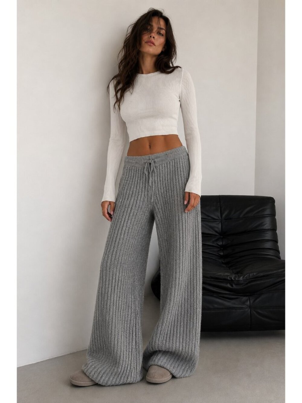 Lunya Wool Knit Lounge Pants Gray Wide Leg Drawstring Cozy Sleepwear Women L